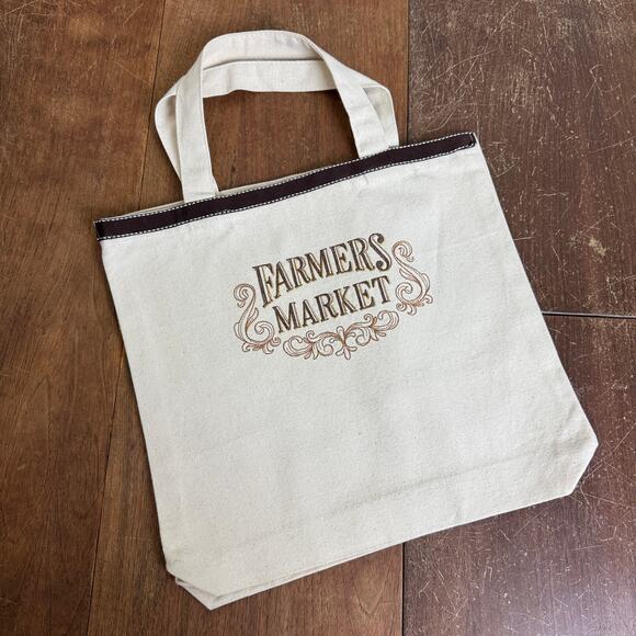 Embroidered Farmers Market Canvas‎ Tote Brown Stitching Reusable Shopping bag - Picture 1 of 7